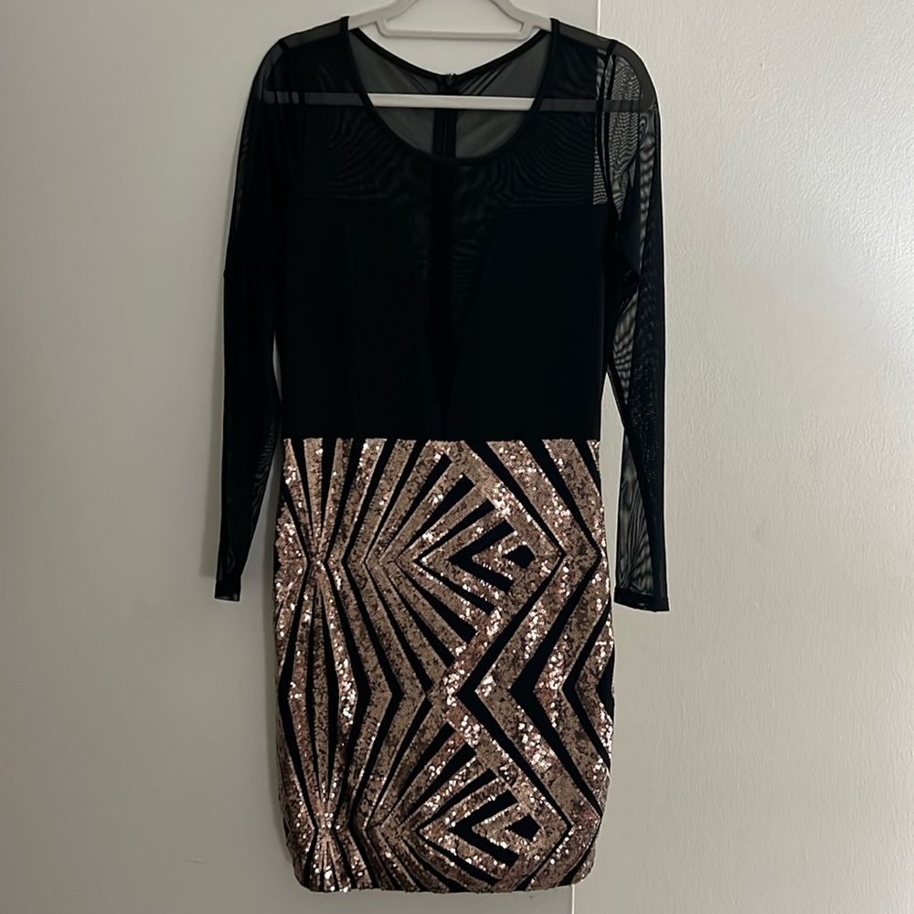 Blibea Women's Nightclub Sexy Sheer Mesh Bodycon Long Sleeve Sequin Club Dress